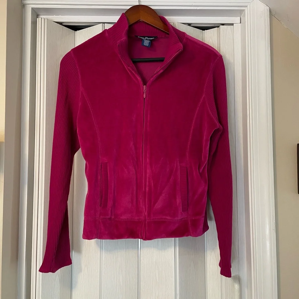 Evan Picone Fuschia Velour Jacket With Knit Sleeves